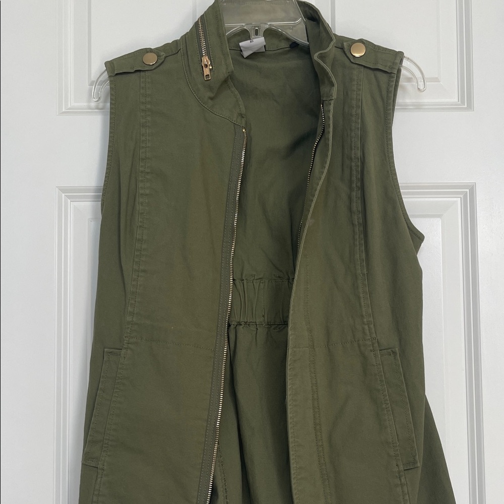 CAbi Khaki Sleeveless Vest with Gold Accents